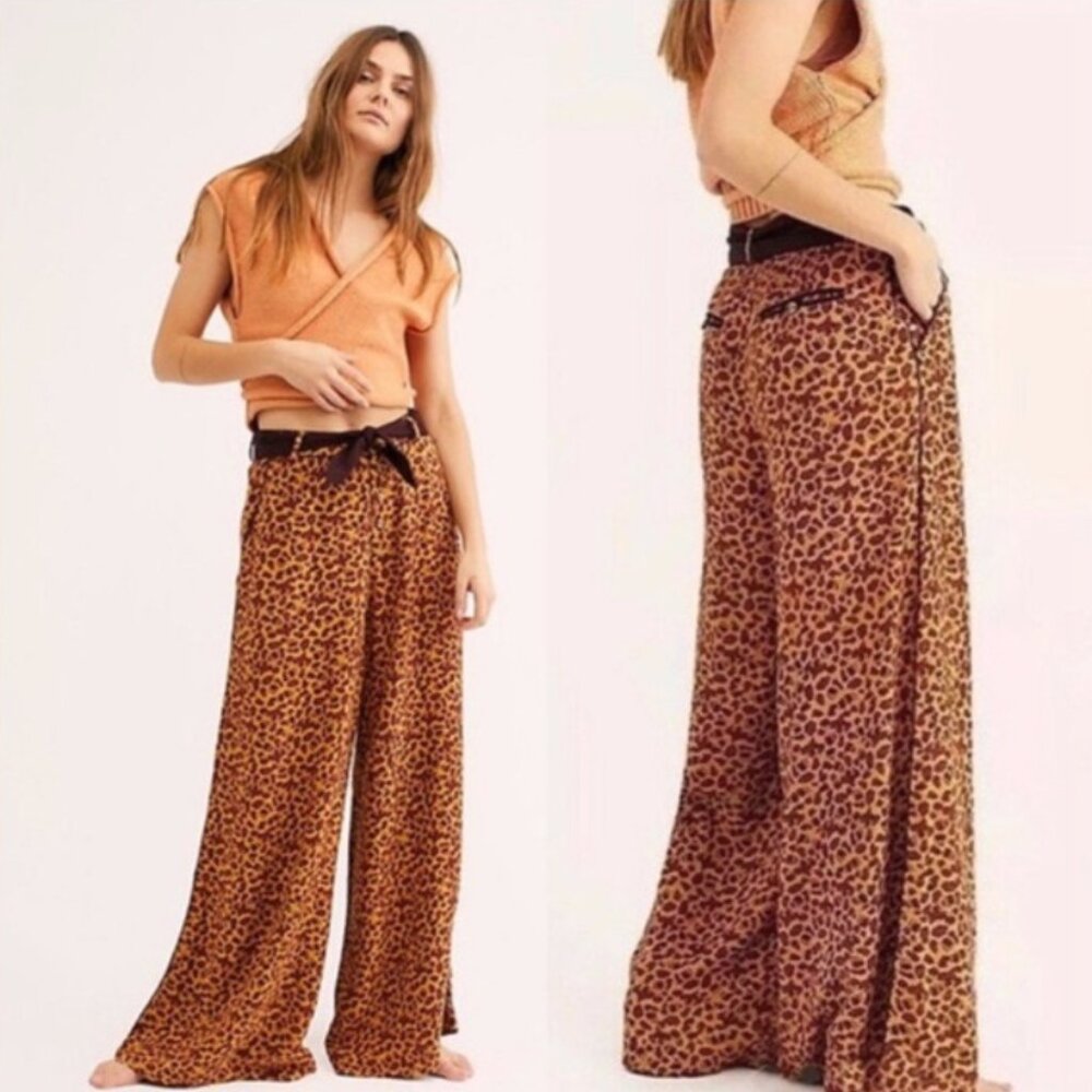 Free People Bennie Wide Leg High Rise Leopard Pants Sz 0 Flowy Slouchy